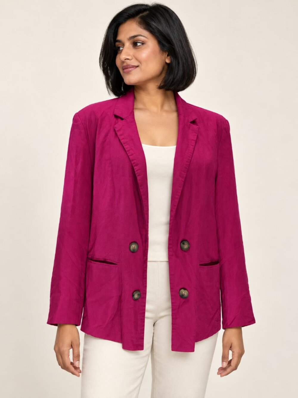 Halston Magenta Linen Blend Blazer Women L Striped Lining Soft Tailoring